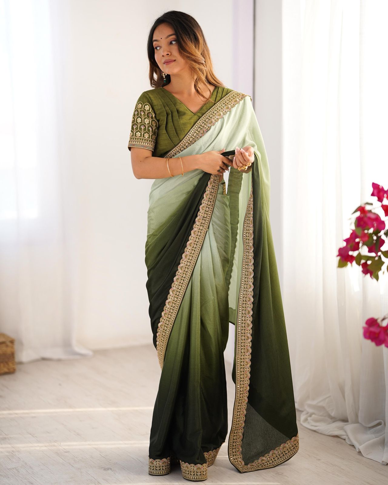 Shanvika pista green pure Chinon silk saree with delicate thread embroidery and sequin lace border, paired with unstitched Mono Benglori embroidered blouse fabric – perfect for weddings, festive celebrations, and party wear